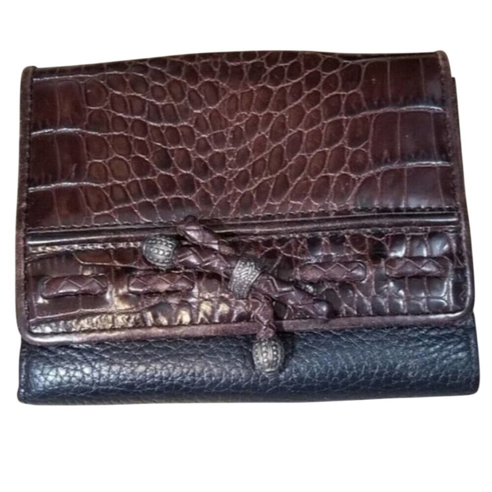Brighton Trifold Wallet Brown Croc Embossed Black Pebbled Leather Silver Beads